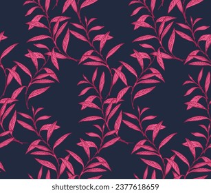 Seamless intertwined burgundy branches leaves pattern. Vector hand drawn. Artistic, creative leaf stems dark print. Template for design, textile, fashion, surface design, fabric, interior decor