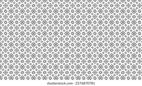 Seamless intricate black and white geometric pattern featuring symmetrical shapes, perfect for backgrounds, wallpapers, or designs emphasizing elegance and unity.