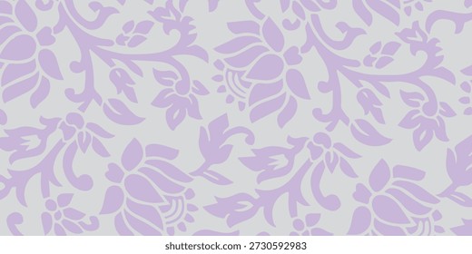 A seamless and intricate floral pattern featuring delicate lavender blossoms and leaves against a subtle gray background, creating a serene and sophisticated design.