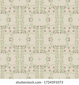 Seamless intricate floral pattern with ornate square motifs. Folk style.