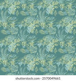 Seamless intricate floral pattern resembling a royal tapestry. Features stylized peonies, foliage in soft yellow and green hues on a muted turquoise background. Elegant,textured, textiles, wallpapers