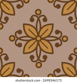 Seamless, Intricate floral pattern with warm brown and yellow tones, ideal for backgrounds or textile designs.	