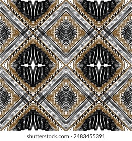 Seamless intricate geometric pattern with black, brown, and white elements, creating a detailed and ornate design.