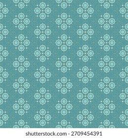 Seamless intricate geometric pattern with connected quatrefoil and eight pointed star motifs forming a continuous trellis Cool palette includes teal light blue gray and delicate golden lines Vector