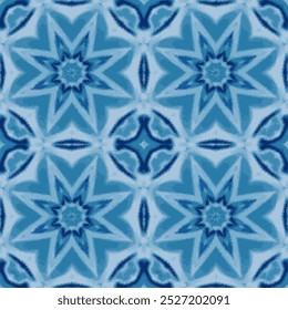 Seamless intricate kaleidoscope pattern. Central star-like motif. Swirling overlapping designs. Shades of blue with depth and texture. Stained glass-inspired style. Thin, intricate dividing lines. 