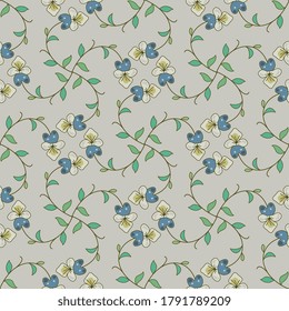 Seamless intricate pattern with floral motifs. Garlands of viola tricolor blooming branches. Folk style. Elegant vines.