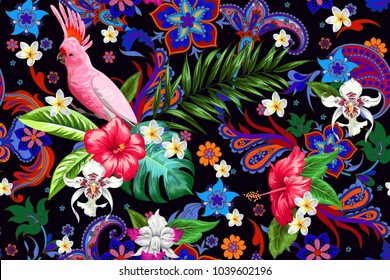 Seamless intricate pattern with paisley and tropical motif