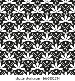 Seamless inverse black and white vintage fish scale and floral pattern vector