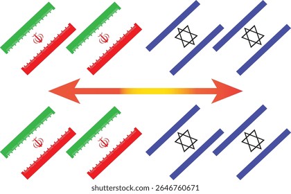 Nahtloses Flaggenmuster aus Iran und Israel mit fetten Streifen und Emblemlinien für politisches Konzept, Vektorhintergrund
