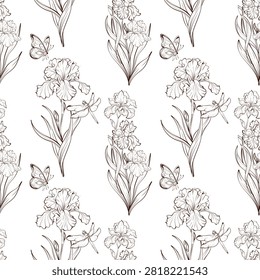 Seamless iris botanical vector pattern with butterfly, black white line drawing for cosmetic packaging, notebooks, stationery, wallpaper, textile and wrapping paper