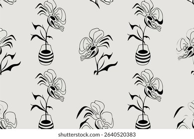 Seamless Iris Decal Pattern. Black and White Iris Flower Background. Monochrome Iris in Vase Repeat. 2D Iris Floral Digital Paper. Printable Outline Decal Pattern	
