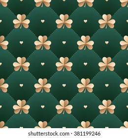 Seamless irish gold pattern with clover and heart on a dark green background. Pattern for St. Patrick Day. Vector Illustration