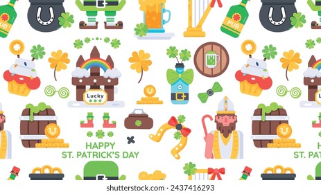 Seamless irish pattern designed with various st patrick day elements and lucky charms 