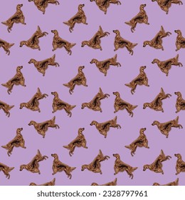 Seamless Irish setter dog pattern without elements, plain background.  Violet Packaging, textile, decoration, wrapping paper. Trendy hand-drawn funny breed wallpaper. Fun seamless happy cute dogs.