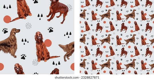 Seamless Irish setter dog pattern, holiday texture. Square format, t-shirt, poster, packaging, textile, socks, textile, fabric, decoration, wrapping paper. Trendy hand-drawn dogs wallpaper, abstract. 