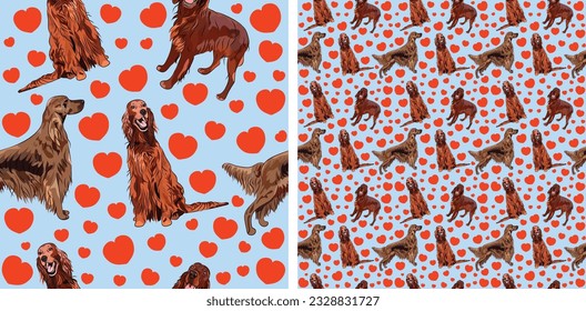 Seamless Irish setter dog pattern, holiday texture. Packaging, textile, decoration, wrapping paper. Saint Valentine wallpaper with hearts and mascots. Fun seamless square pattern with hearts and dogs.