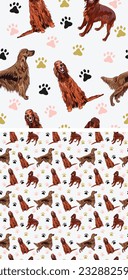 Seamless Irish setter dogs with paws pattern, holiday texture. Square format, t-shirt, poster, packaging, textile, socks, textile, fabric, decoration, wrapping paper. Trendy hand-drawn dogs wallpaper.