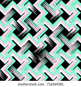 Seamless irregular abstract lines background. Zigzag vertical and horizontal stripes pattern. Chevron black, pink, green wallpaper. Vector illustration for wrapping paper, cover, fabric, backdrop. 