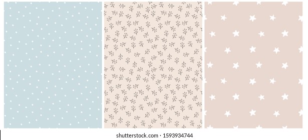 Seamless Irregular Vector Patterns with White Hand Drawn Stars, Dots and Abstract Twigs Isolated on a Blue and Blush Pink Background.Simple Geometric and Floral Prints for Fabric,Cover,Wrapping Paper.