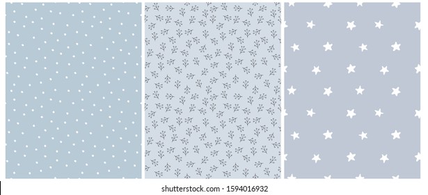 Seamless Irregular Vector Patterns with White Hand Drawn Stars, Polka Dots and Abstract Twigs Isolated on a Pastel Blue Background. Simple Geometric and Floral Prints for Fabric, Cover,Wrapping Paper.