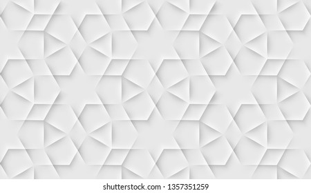 Seamless islam pattern with floral tiled cells made from shadows and lights in origami style. White arabic background