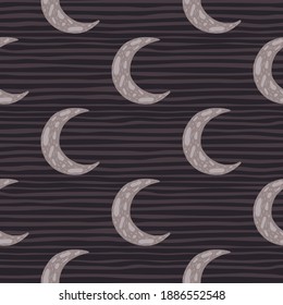 Seamless islam pattern with sky moon hand drawn silhouettes. Striped dark background. Great for fabric design, textile print, wrapping, cover. Vector illustration.