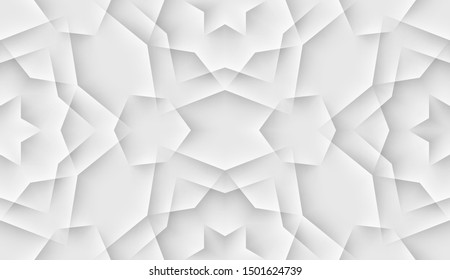 Seamless islam pattern with tiled cells made from shadows and lights in origami style. White arabic background