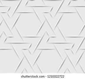 Seamless islam pattern with triangular and hexagonal cells made from shadows and lights in origami style. White arabic background