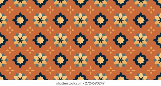 Patrón geométrico floral islámico sin fisuras con acentos dorados en terracota y colores azul marino para el telón de fondo de la celebración de Ramadán y diseño textil, Ilustración vectorial