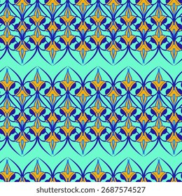 Seamless Islamic geometric floral pattern in blue and orange