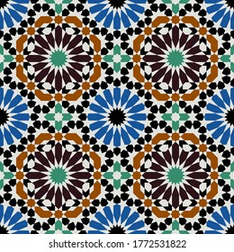 Seamless islamic geometric pattern. Arabian mosaic design background. Moroccan oriental motifs. Elements of wall and floor decoration in Muslim architecture. Colorful background for tile, textile.