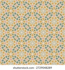 Seamless Islamic geometric pattern with colorful stars and polygons in elegant vintage colors
