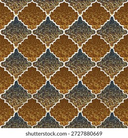 Nahtloses islamisches geometrisches Muster mit traditionellem braunem und goldenem Ornament-Stil, geeignet für Ramadan, Eid, Tapeten, Textilien und dekorative Hintergründe.