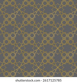 Seamless Islamic geometric pattern vector with traditional Arabic design. Featuring interlocking yellow lines and symmetrical structure. Ideal for backgrounds, wallpapers, textile prints, tiles,