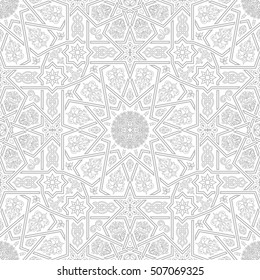 Seamless islamic Moroccan pattern. Arabic white traditional ornament. Geometric tiled texture. Vintage repeating background. Vector islam royal wallpaper. Oriental design wallpaper