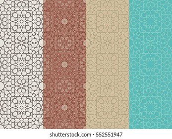 Seamless islamic Moroccan pattern set. Arabic geometric ornament. Geometric tiled texture. Vintage repeating background. Vector islam royal pattern. Oriental design and Ramadan wallpaper
