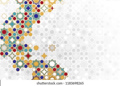Seamless Islamic ornamental Background in color. Islamic ornamental colorful detail of mosaic. arabic, east ornament, indian ornament, persian motif, 3D.  Ramadan Kareem gold greeting card, banner
