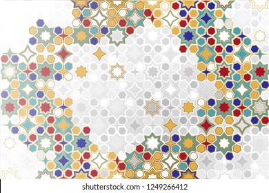 Seamless Islamic ornamental Background in color. Islamic ornamental colorful detail of mosaic. arabic, east ornament, indian ornament, persian motif, 3D.  Ramadan Kareem gold greeting card, banner