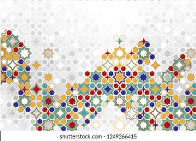 Seamless Islamic ornamental Background in color. Islamic ornamental colorful detail of mosaic. arabic, east ornament, indian ornament, persian motif, 3D.  Ramadan Kareem gold greeting card, banner