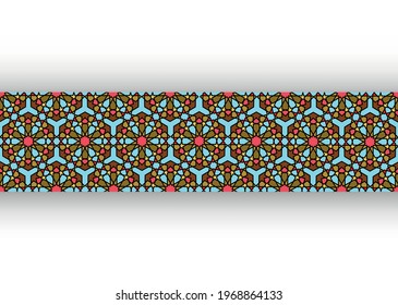 Seamless Islamic pattern, border frame art persian motif. Ramadan banner Arabic mosaic colorful elements. Geometric round ornament Muslim symbol, vector isolated on light blue background