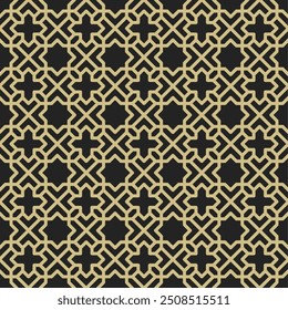 Seamless Islamic pattern consisting of interlocking and crossing golden lines on a matte black background. Suitable for various creative projects or decorative elements.