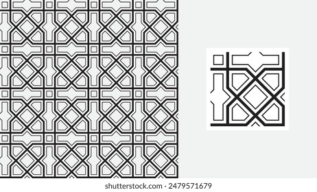 Seamless Islamic pattern design features detailed geometric shapes in a classic black and white color scheme.