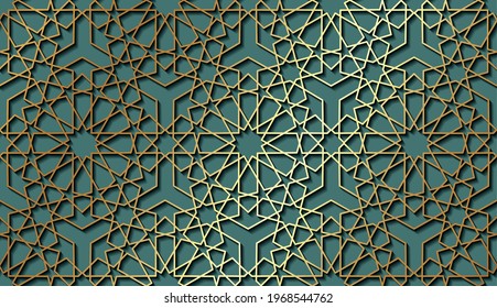 Seamless Islamic pattern, gold line art persian motif. Ramadan banner Arabic round pattern elements. Geometric circular ornament Muslim symbol, vector isolated on green background