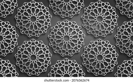 Seamless islamic pattern. Mettalic pattern on dark background. Abstract geometric ornament vector.