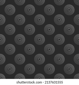 Nahtloses islamisches Muster mit Radialverzierungen im marokkanischen Stil. Mettalisches Muster auf dunklem Hintergrund. Abstrakter geometrischer Ornamensvektor.