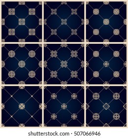 Seamless islamic pattern set. Vintage tile background. Vector royal black and gold. Oriental design and baroque wallpaper