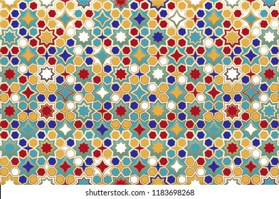 Seamless Islamic patterns in color. Islamic ornamental colorful detail of mosaic.Islamic pattern. arabic, east ornament, indian ornament, persian motif, 3D.  Ramadan Kareem gold greeting card, banner.