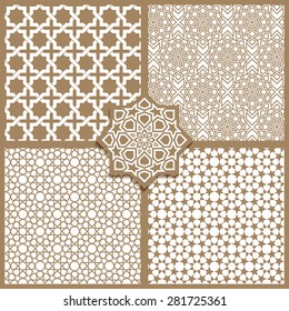 Seamless Islamic patterns set in beige color.