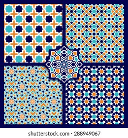 Seamless Islamic patterns set in color. Vector geometrical texture