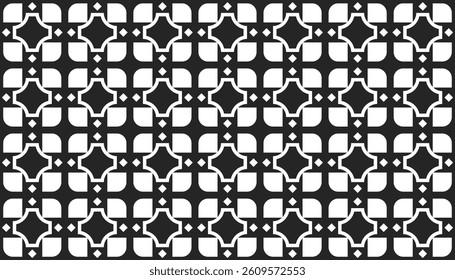 Seamless Islamic-inspired geometric pattern in black and white. Clean and elegant vector background ideal for traditional decor, Ramadan designs, and Islamic art projects